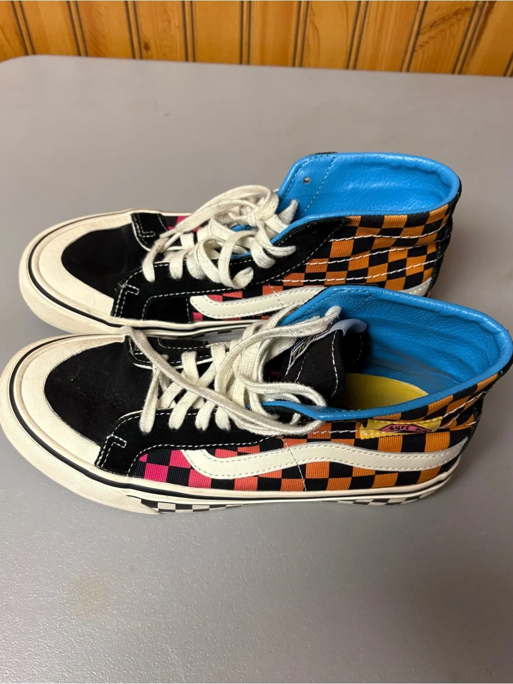 Vans Checkerboard High-Top Sneakers — Black, Orange, Pink, White